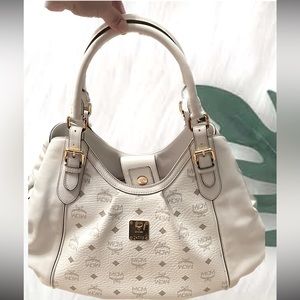 MCM White Visetos Coated Canvas & Leather Shoulder Bag/Large Hobo Bag